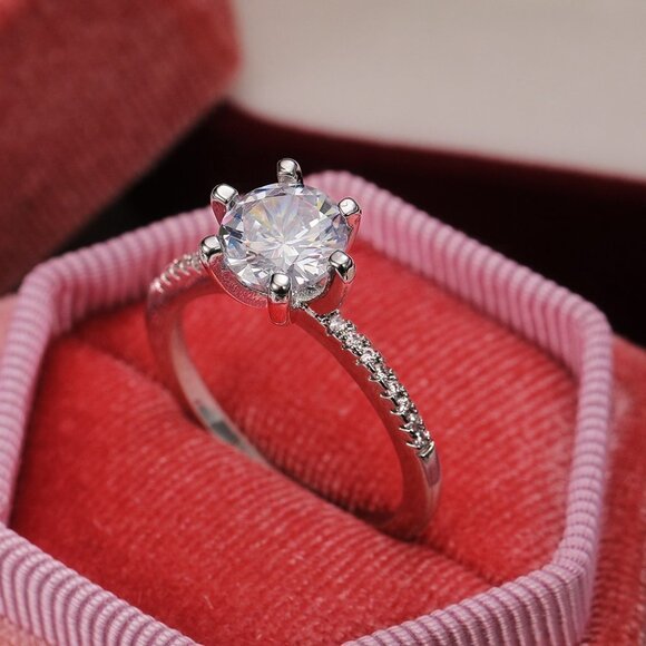 💥DIAMOND SOLITAIRE FLOWER ROUND BRILLIANT CUT CZ WEDDING RING, K766 - Picture 2 of 9